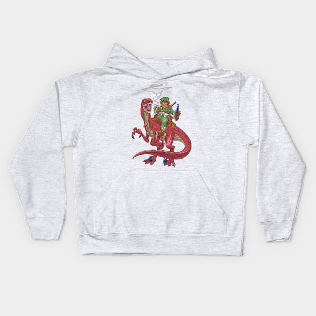 Leprechaun on a Velociraptor Kids Hoodie by AyotaIllustration